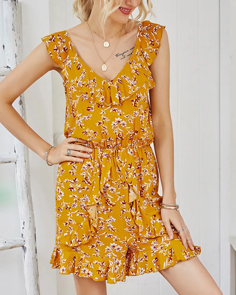 Backless V-neck Pleated Ruffled Jumpsuit Open Back Flounces Rompers